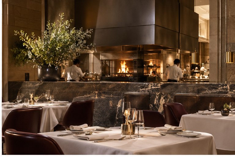 Ember Room dining room with open-fire kitchen